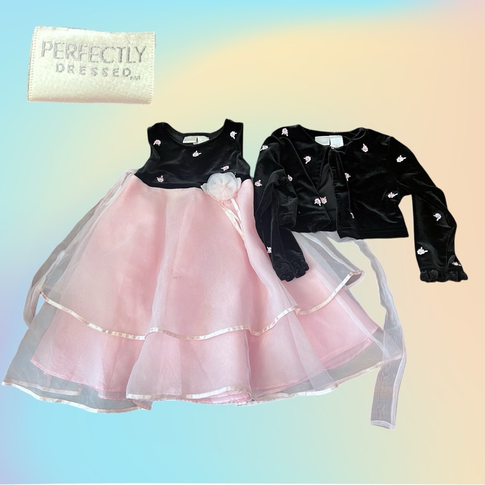 Mid 2000's PERFECTLY DRESSED Black & Pink Velour Floral Dress & Cardigan Sz 3T